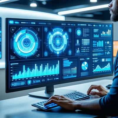 DataDriven Customer Service – A futuristic dashboard displaying AIpowered customer insights, predictive analytics, and satisfaction metrics